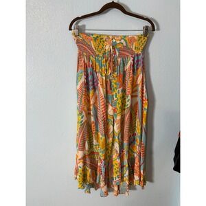 Christian Siriano New York Tropical Leaf Print Smocked Midi Skirt Tassels L Boho